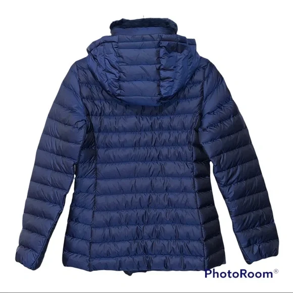 Cole Haan Down Quilted Puffer Hooded Jacket Faux Fur Trim Iridescent Blue Sz XS - Picture 14 of 16